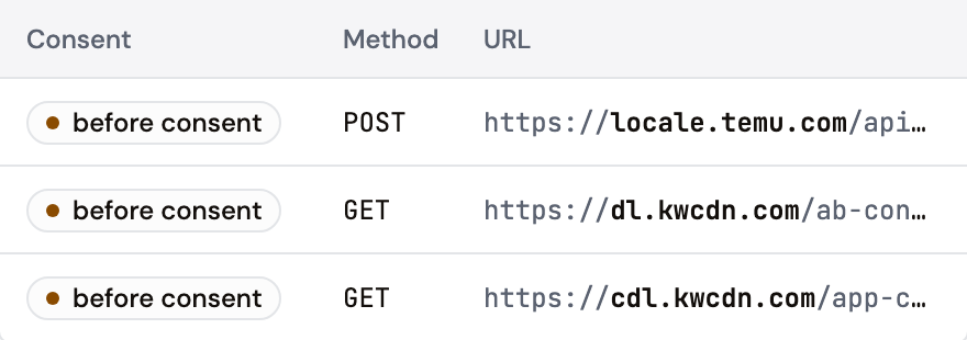 Network capture filtered to the requests made before consent, with the method and URL of each