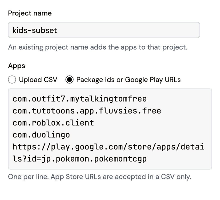 New project form with a project name and a pasted list of apps
