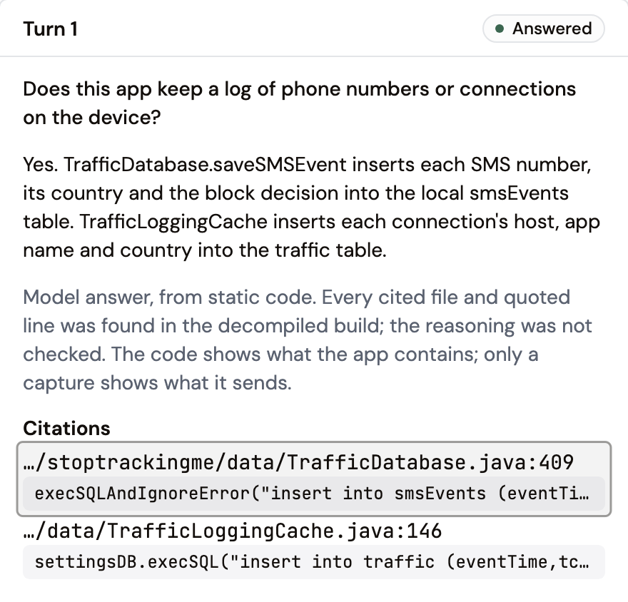 A question about the build, its model answer, and two citations with the file, the line and the quoted code